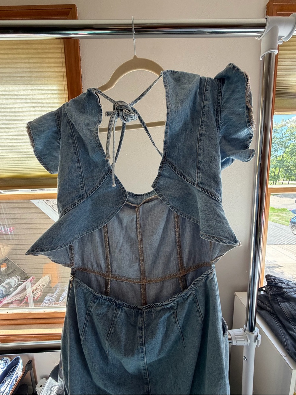 We The Free Light Blue Denim Ruffle-Back Tie Jumpsuit - Picture 3 of 6